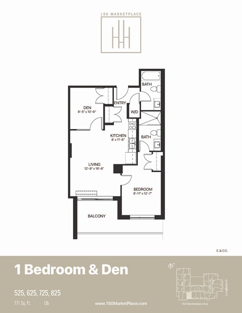 Floor plan for 1 bed, 2 baths, 817 sqft